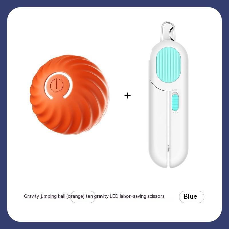 Orange gravity jumping ball and white and blue scissors on a white background
