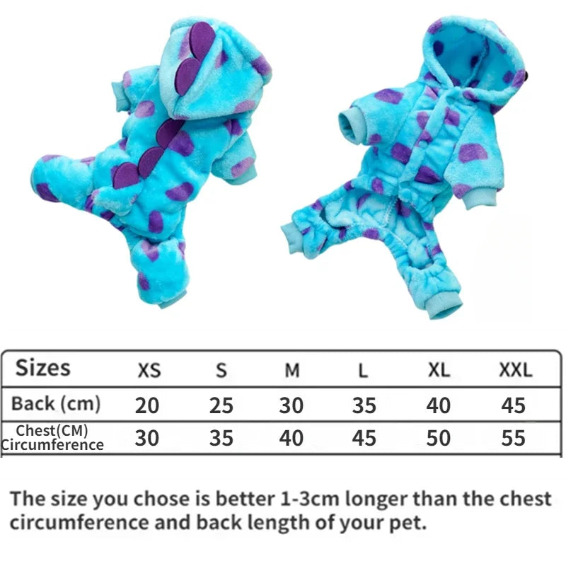 Blue and purple pet onesie with size chart on a white background