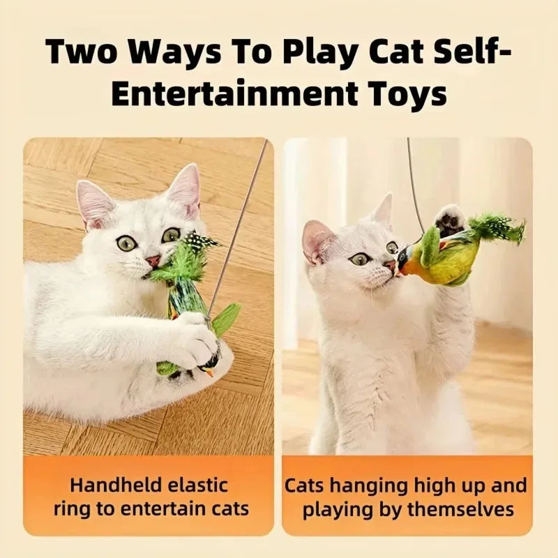 Two ways to play cat self-entertainment toys with a white cat interacting with the toys.
