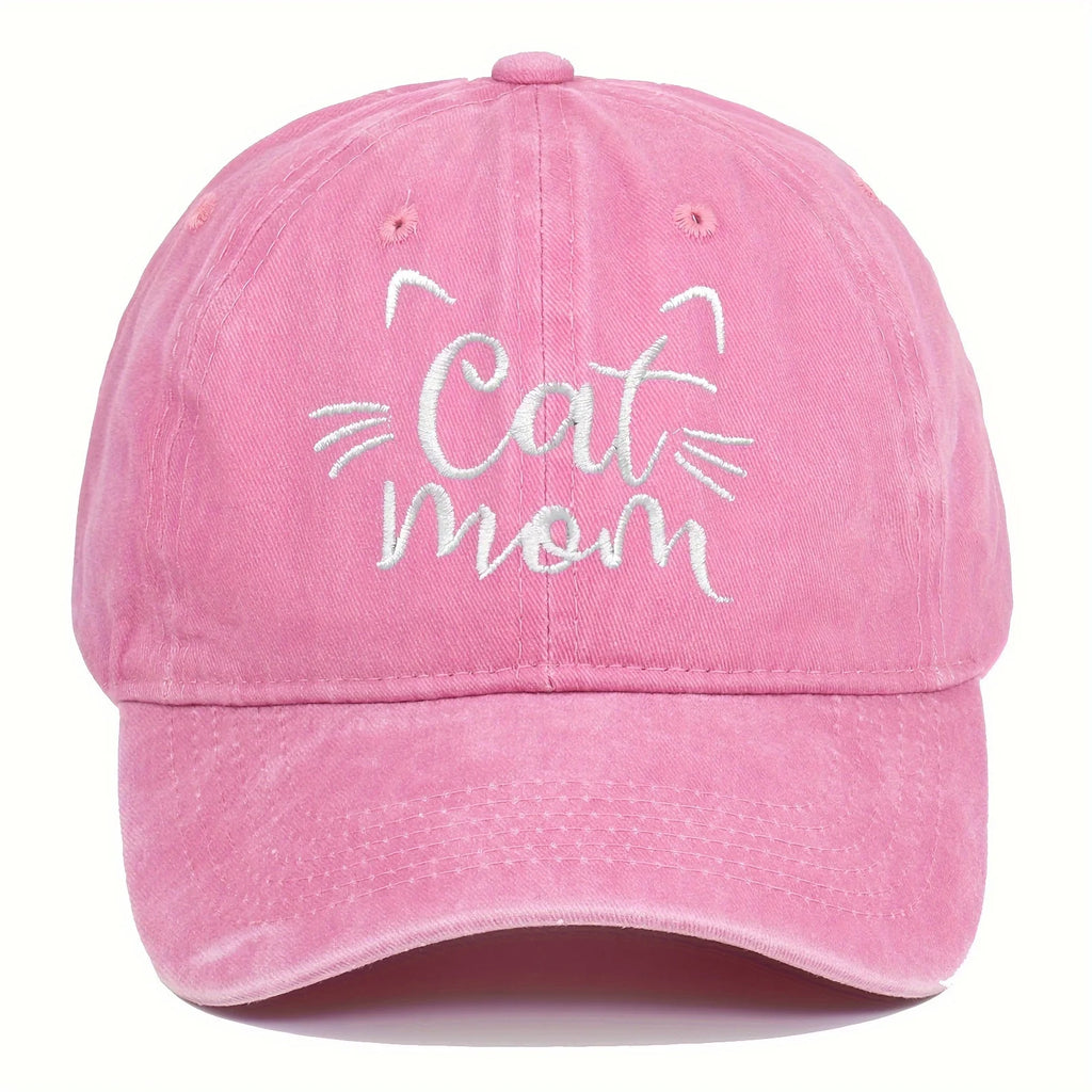 Pink cap with 'Cat Mom' text and cat ears on a white background