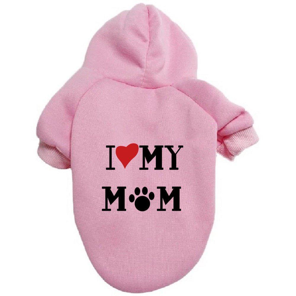 Pink pet hoodie with 'I ❤️ MY MOM' text on a white background