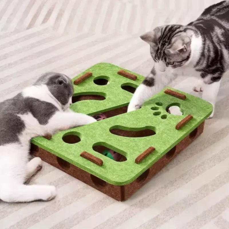 Two cats playing with a green and brown puzzle toy on a light-colored surface.