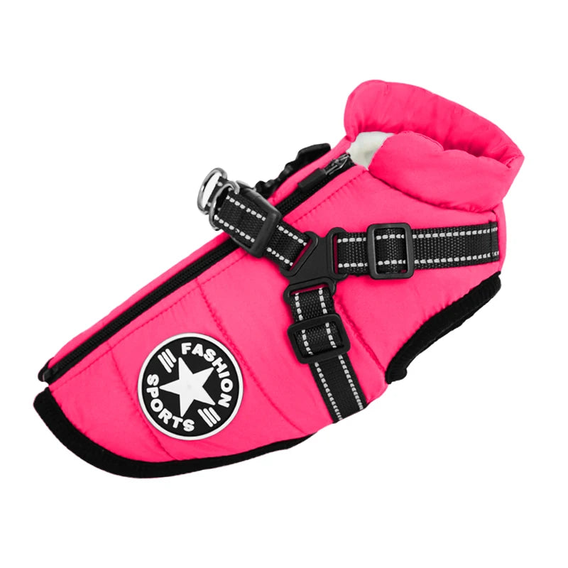 Pink dog vest with black straps and a visible brand logo on a white background