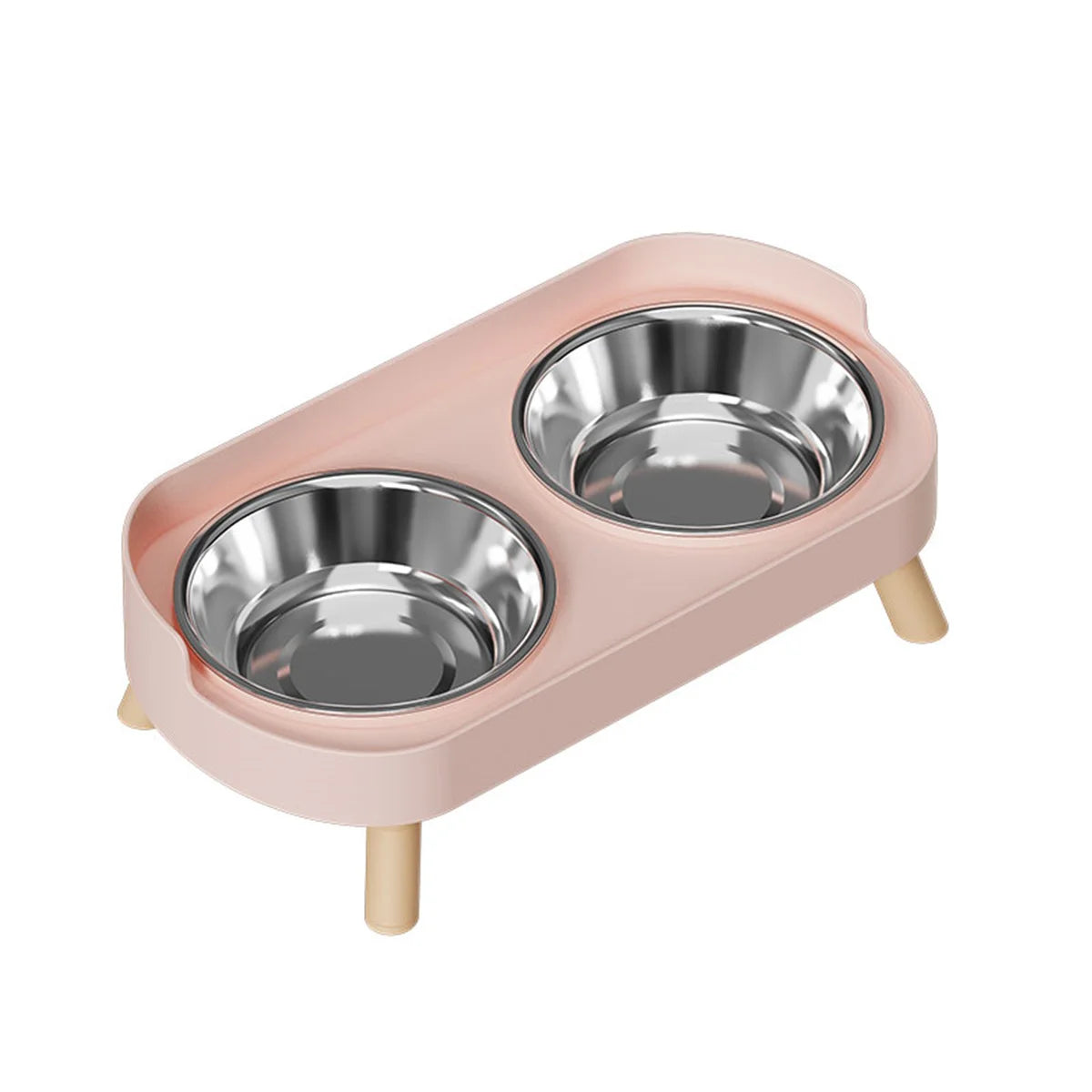 Pink pet feeder with two stainless steel bowls on a white background