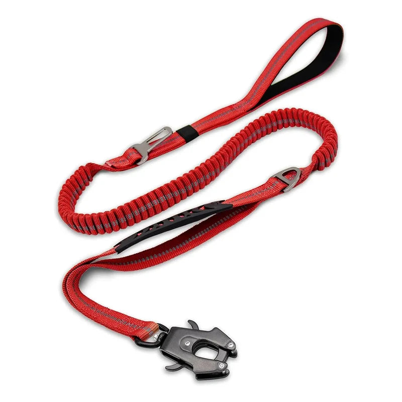 Red dog leash with black accents on a white background
