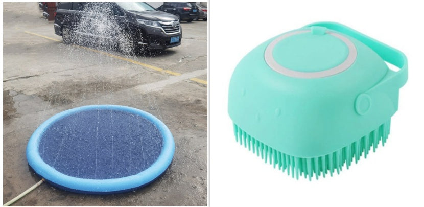 Car washing mat and brush on a concrete surface with a car in the background