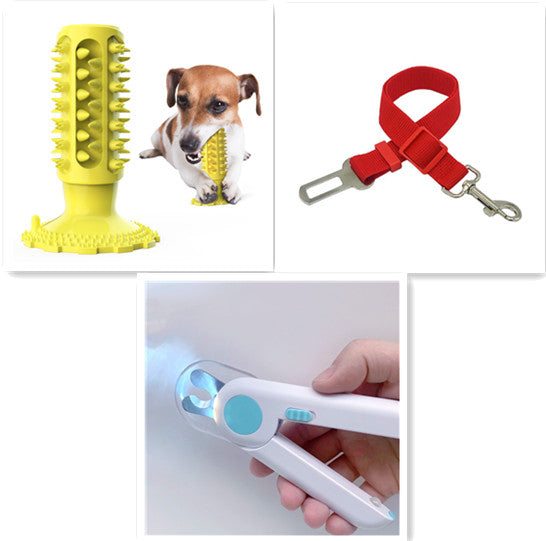 Collage of pet products including a yellow dog toy, a red leash, and a white pet toothbrush.