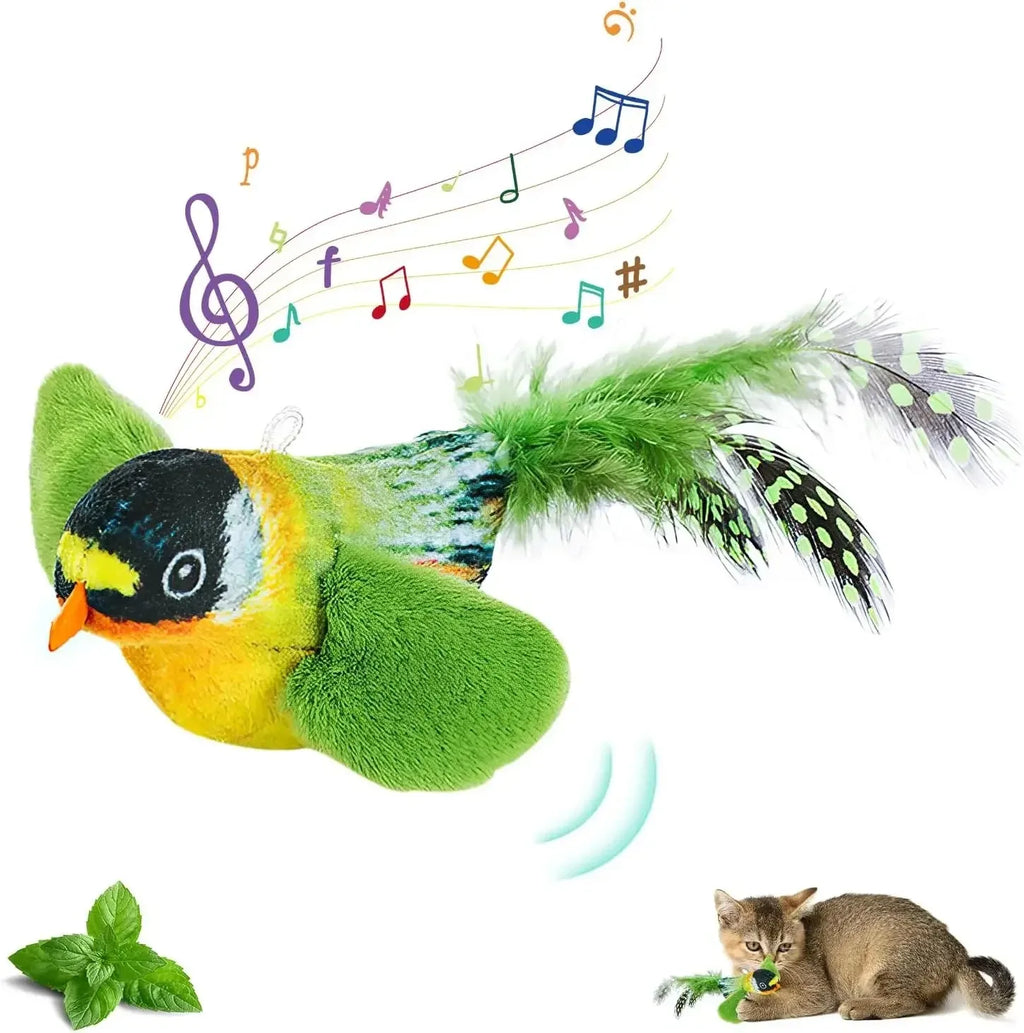 Colorful bird-shaped cat toy with feathers and musical notes, accompanied by a cat on a white background.