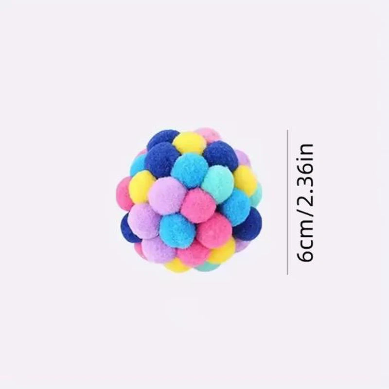 Colorful pom-pom ball with size label on a white background