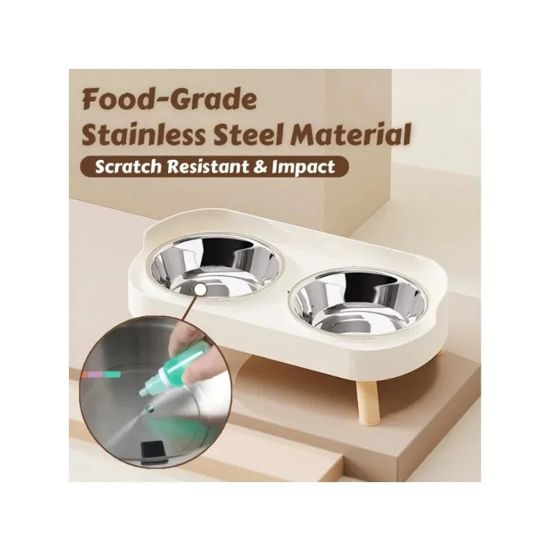 Double pet bowl with food-grade stainless steel material on a beige background