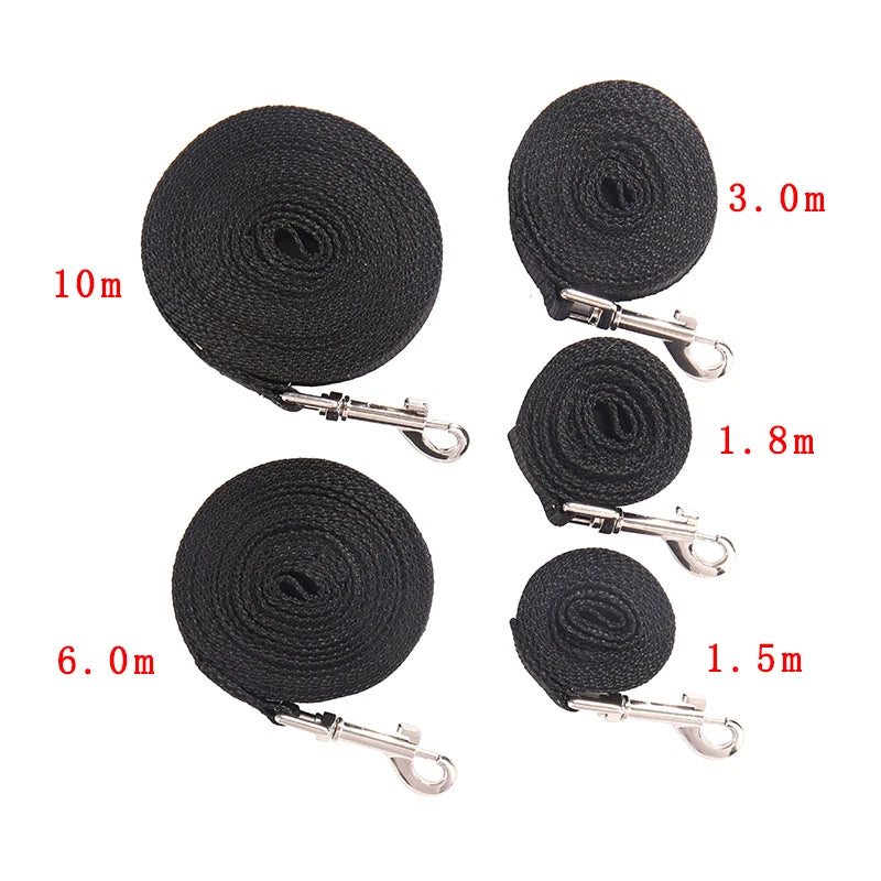 Set of black dog leashes with metal clips, varying in length, on a white background.