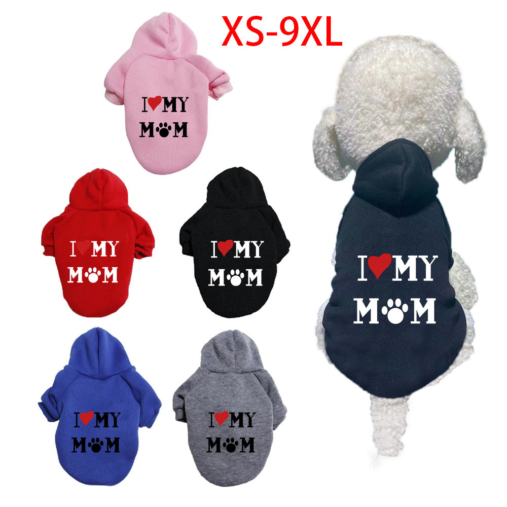 Collection of pet hoodies with 'I love my mom' text in various colors on a white background.