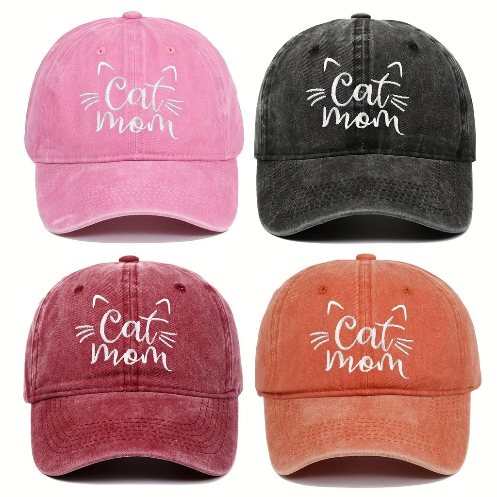 Four baseball caps in different colors with 'Cat Mom' text on a white background